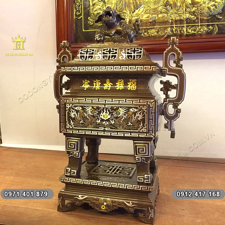 Đỉnh Đồng Vu&ocirc;ng Khảm Ngũ Sắc 5 Chữ V&agrave;ng